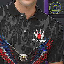 Load image into Gallery viewer, Black and Orange Flame American Flag Eagle Bowling Shirt For Men Custom Patriotic Bowling Team Jersey NQS11722