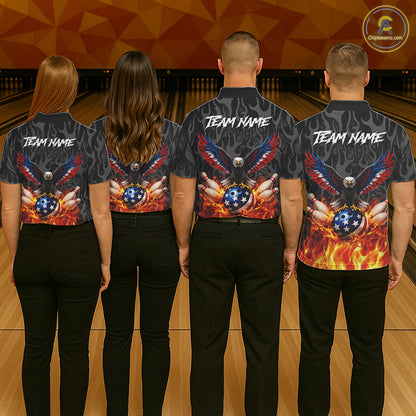 Black and Orange Flame American Flag Eagle Bowling Shirt For Men Custom Patriotic Bowling Team Jersey NQS11722