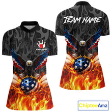 Load image into Gallery viewer, Black &amp; Orange Flame American Flag Eagle Bowling Shirt For Women Custom Patriotic Bowling Team Jersey NQS11722