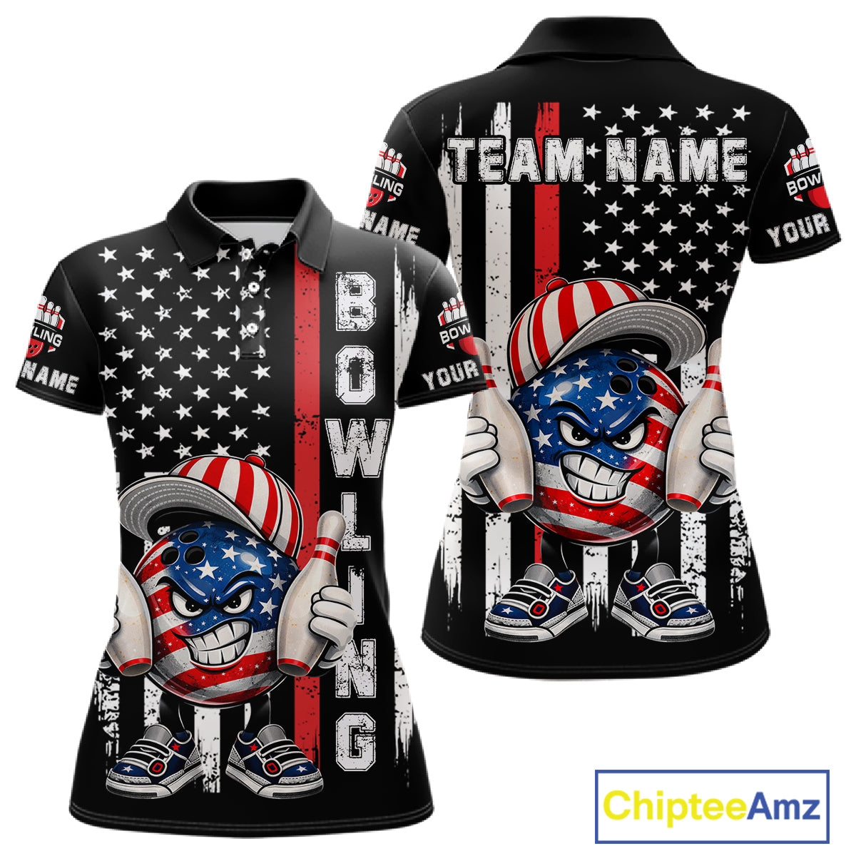 Black American Flag Funny Bowling Polo, 1/4 Zip Shirt For Women Custom Patriotic Bowling Team Jersey NQS11723