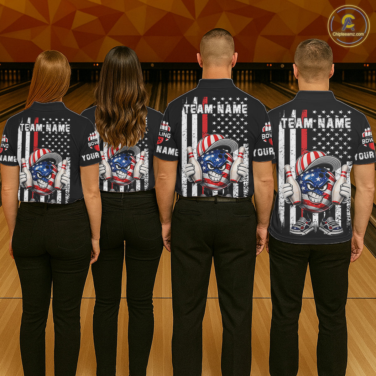 Black American Flag Funny Bowling Polo, 1/4 Zip Shirt For Women Custom Patriotic Bowling Team Jersey NQS11723