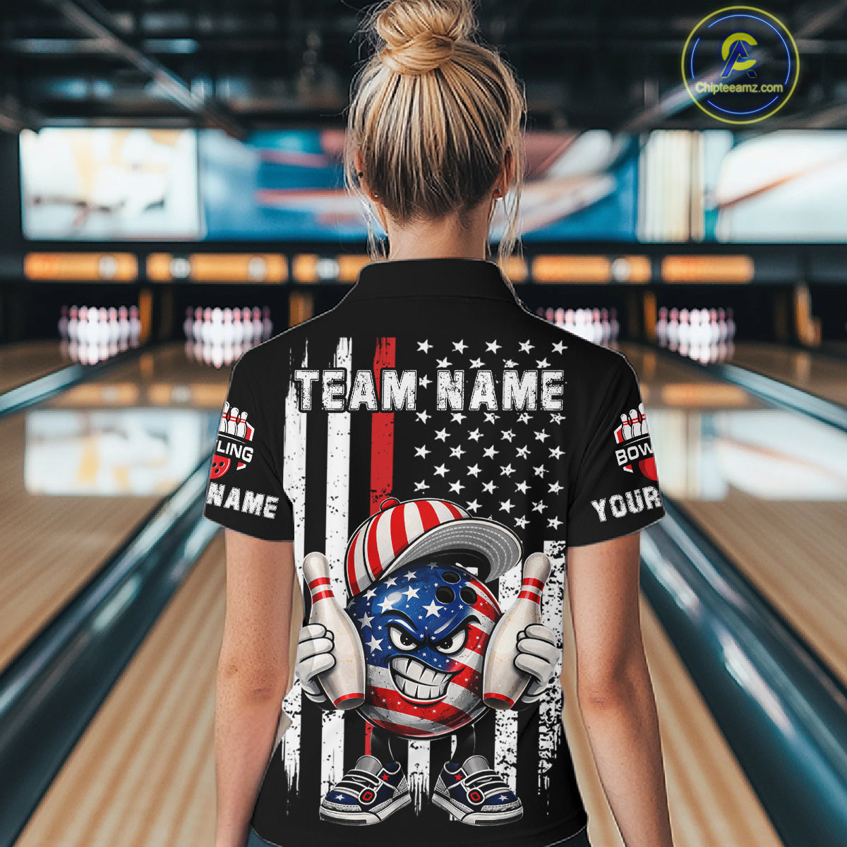 Black American Flag Funny Bowling Polo, 1/4 Zip Shirt For Women Custom Patriotic Bowling Team Jersey NQS11723