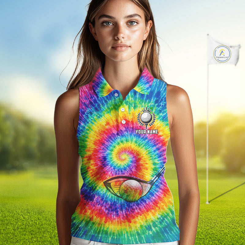 Colorful rainbow tie-dye Sleeveless golf polo shirt custom Ladies golf outfit, personalized golf gift NQS11724