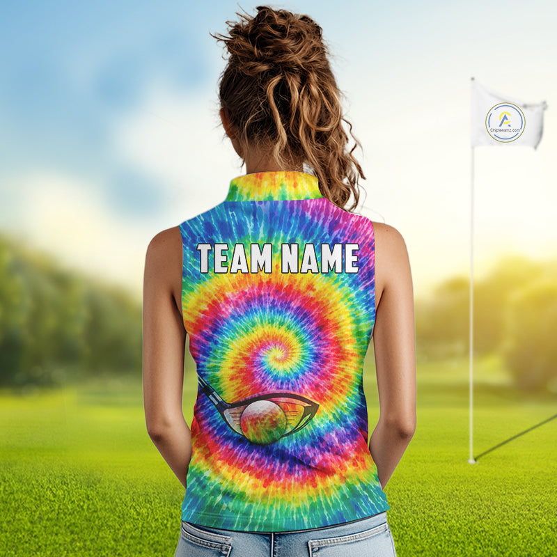Colorful rainbow tie-dye Sleeveless golf polo shirt custom Ladies golf outfit, personalized golf gift NQS11724