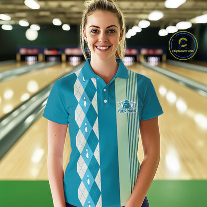 Retro Cyan Blue argyle pattern Bowling shirts For Women custom bowling team jerseys Bowler Outfits NQS10404