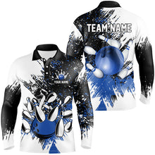 Load image into Gallery viewer, Black and White Men Bowling Polo, Quarter Zip Shirt Custom bowling jerseys, mens bowling outfit | Blue NQS8430