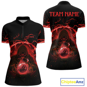 Women bowling polo, 1/4 zip shirts Custom red flame skull bowling team jerseys, gift for Bowlers NQS10612