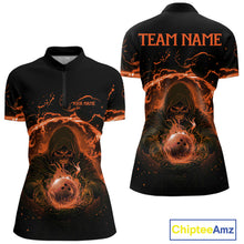 Load image into Gallery viewer, Women bowling polo, 1/4 zip shirts Custom orange flame skull bowling team jerseys, gift for Bowlers NQS10613