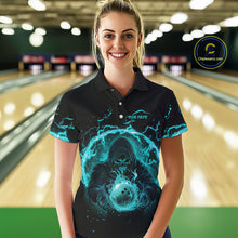 Load image into Gallery viewer, Women bowling polo, 1/4 zip shirts Custom cyan blue flame skull bowling team jersey, gift for Bowlers NQS10614