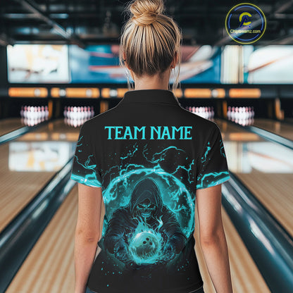 Women bowling polo, 1/4 zip shirts Custom cyan blue flame skull bowling team jersey, gift for Bowlers NQS10614