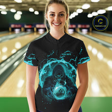 Load image into Gallery viewer, Women bowling polo, 1/4 zip shirts Custom cyan blue flame skull bowling team jersey, gift for Bowlers NQS10614