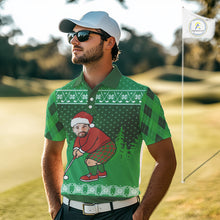 Load image into Gallery viewer, Personalized Funny Face Christmas Golf Green argyle Santa Golfer Ugly matching golf polos for couples NQS11021