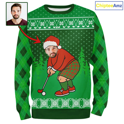 Personalized Funny Face Christmas Golf Green argyle pattern Custom Funny Santa Golfer Ugly Sweatshirt NQS11021