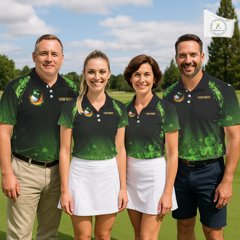 Flame golf ball green shamrock St Patrick's Day Custom couple matching men and womens golf shirts NQS11413