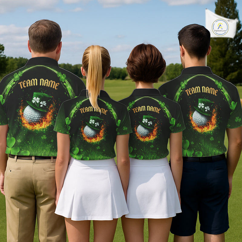 Flame golf ball green shamrock St Patrick's Day Custom couple matching men and womens golf shirts NQS11413
