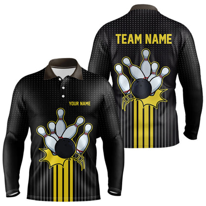 Black and Yellow Bowling Polo, Quarter Zip Shirt For Men Custom Team Mens Bowling Jersey NQS9652