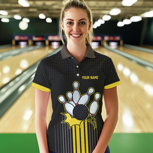 Black and Yellow Bowling Polo, Quarter Zip Shirt For Women Custom Team Ladies Bowling Jersey NQS9652