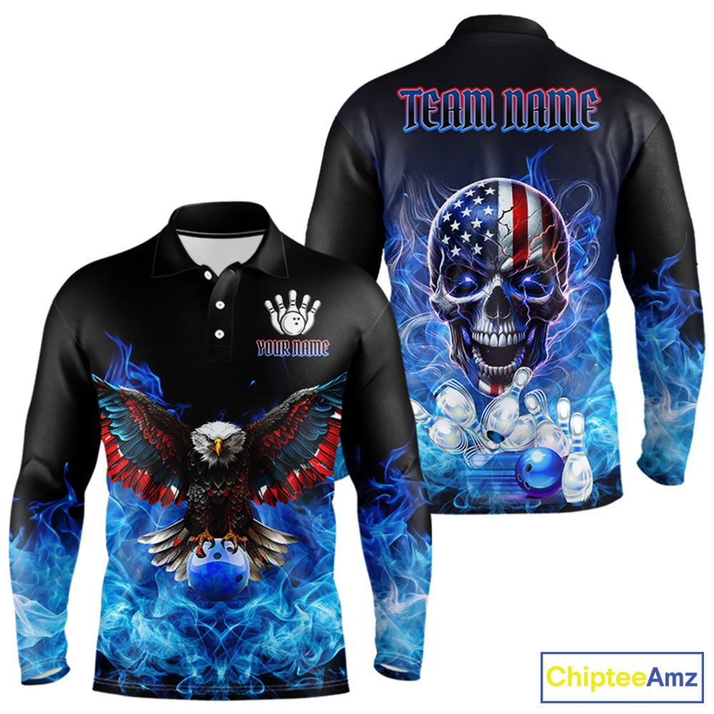 Blue Flame Smoke American Flag Eagle Skull Mens Bowling Shirts Custom Patriotic Bowling Team Jersey NQS9659