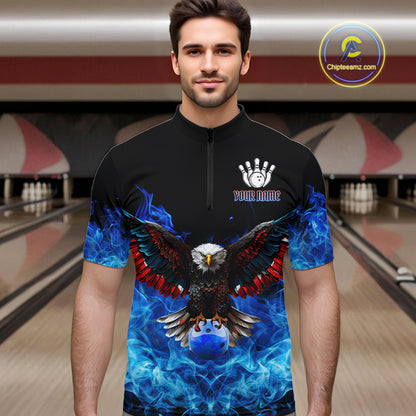 Blue Flame Smoke American Flag Eagle Skull Mens Bowling Shirts Custom Patriotic Bowling Team Jersey NQS9659