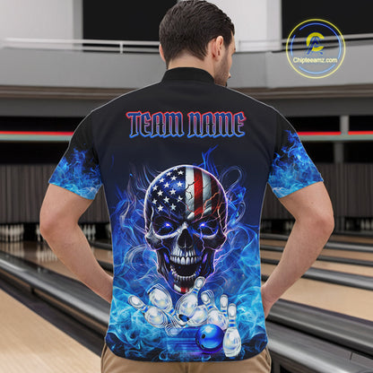 Blue Flame Smoke American Flag Eagle Skull Mens Bowling Shirts Custom Patriotic Bowling Team Jersey NQS9659
