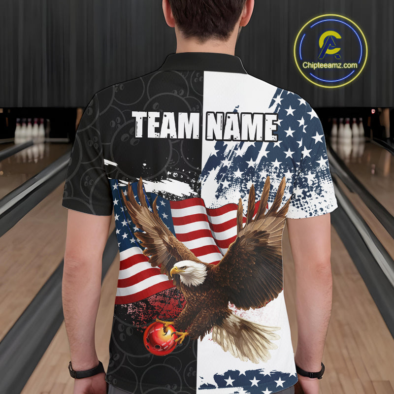 Red, White, Blue American Flag Eagle Men Bowling Shirt Custom Patriotic Black Camo Bowling Team Jersey NQS9863