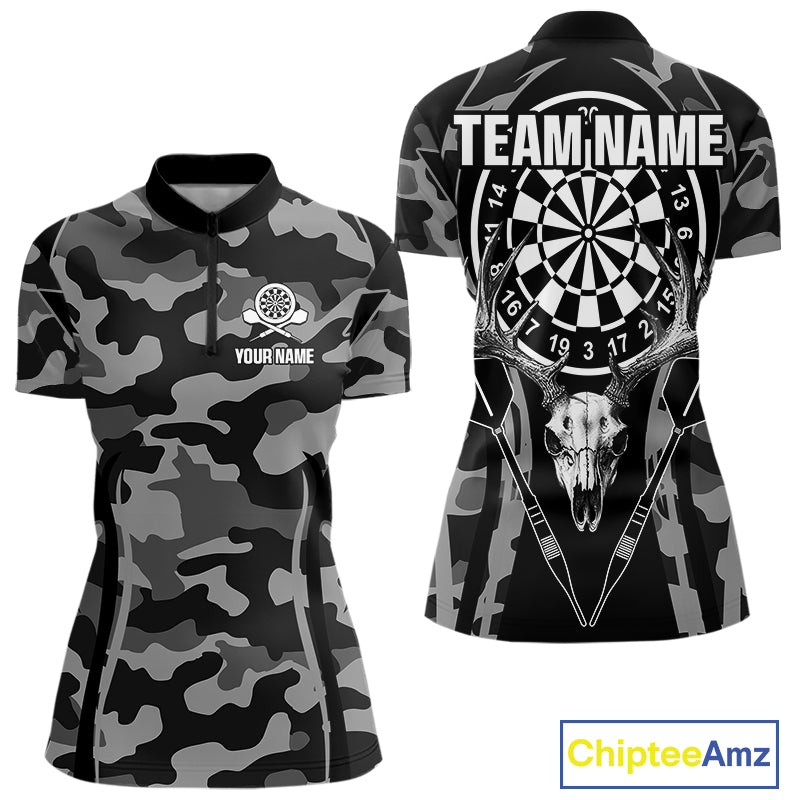 Deer Skull Darts Board Gray Camo Darts Polo, Quarter zip Shirts For Women Custom Team Darts Jersey NQS9934