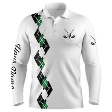 Load image into Gallery viewer, White Mens golf polo shirts custom name green and black plaid, best golf gifts for mens NQS5686
