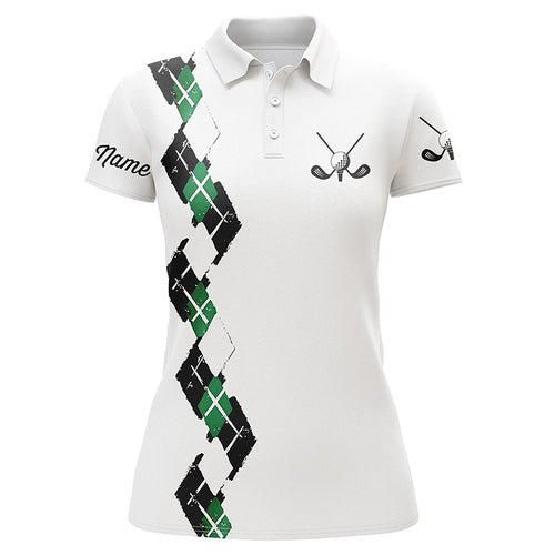 White Womens golf polo shirts custom name green and black plaid, best golf gifts for ladies NQS5686
