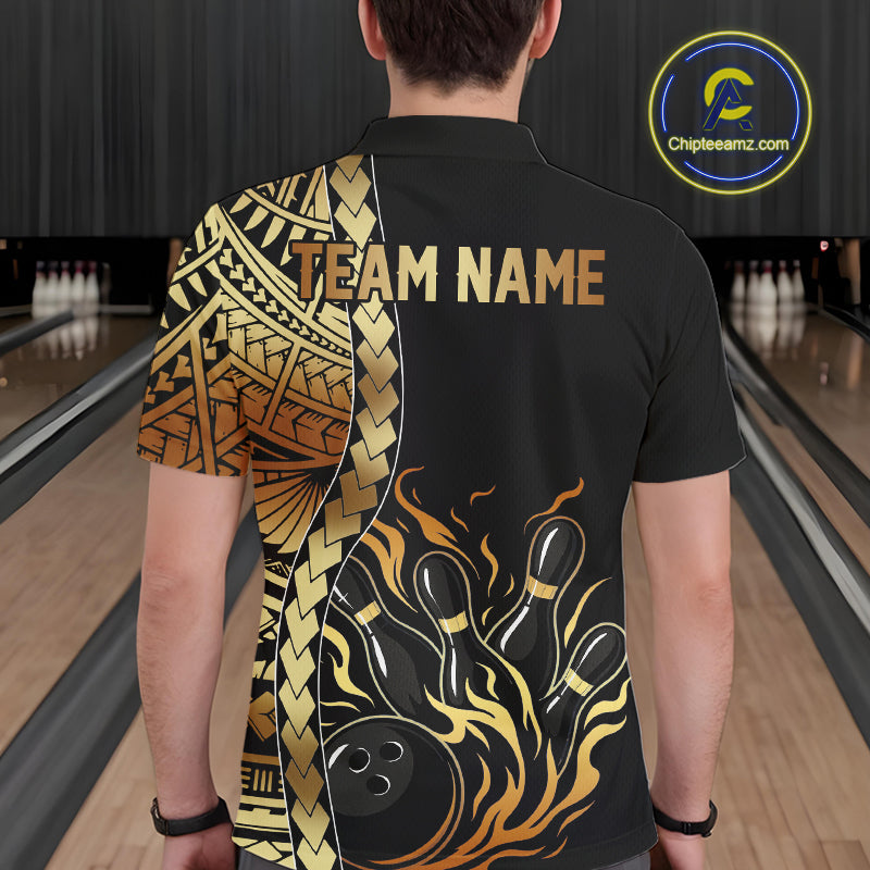 Custom Black And Gold Flame tribal pattern Bowling Team Polo, 1/4 Zip Shirts For Men, Bowling Jerseys NQS10093