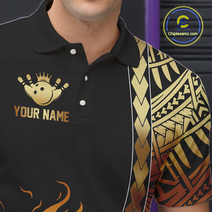 Custom Black And Gold Flame tribal pattern Bowling Team Polo, 1/4 Zip Shirts For Men, Bowling Jerseys NQS10093