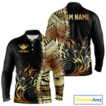 Load image into Gallery viewer, Custom Black And Gold Flame tribal pattern Bowling Team Polo, 1/4 Zip Shirts For Men, Bowling Jerseys NQS10093