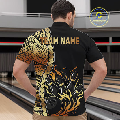 Custom Black And Gold Flame tribal pattern Bowling Team Polo, 1/4 Zip Shirts For Men, Bowling Jerseys NQS10093