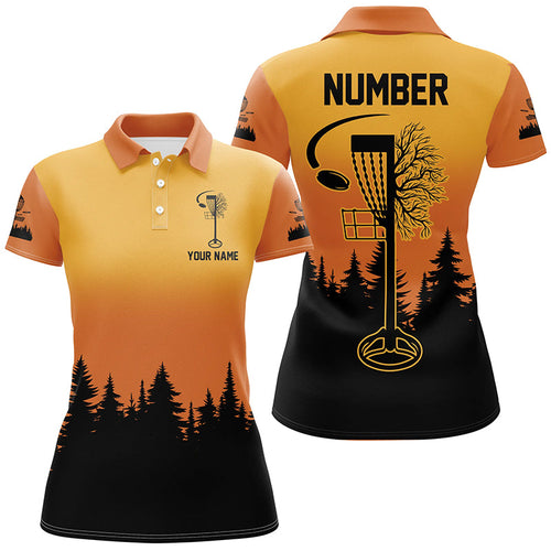 Black & orange Women Disc golf polo shirt custom number disc golf jerseys, team disc golf attire NQS8215