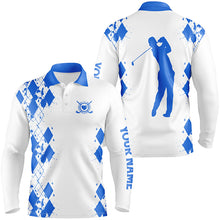 Load image into Gallery viewer, Mens golf polos shirts custom name swing swear repeat white golf shirt, golfing gifts | Blue NQS4507