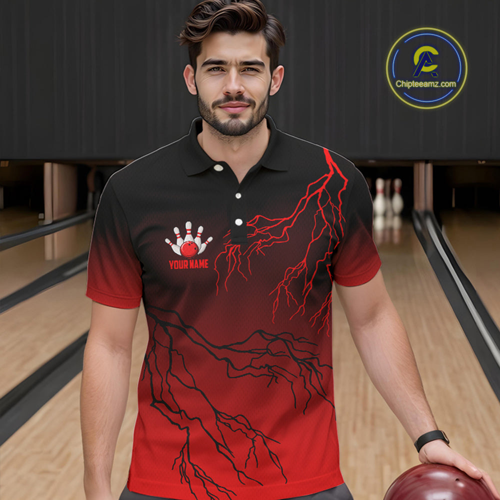 Black and Red gradient Lightning thunder storm Bowling shirts for Men Custom Bowling Team Jerseys NQS9353