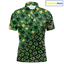 Load image into Gallery viewer, Green and Gold Clover glitter leopard St Patrick's day pattern custom shamrock Mens golf polo shirts NQS11423