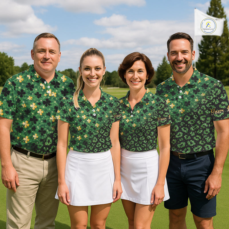 Green and Gold Clover glitter leopard St Patrick's day pattern custom shamrock Women golf polo shirts NQS11423