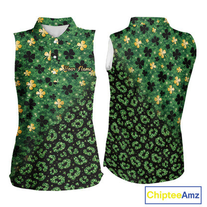 Green and Gold Clover glitter leopard St Patrick's day pattern custom ladies sleeveless golf tops NQS11423