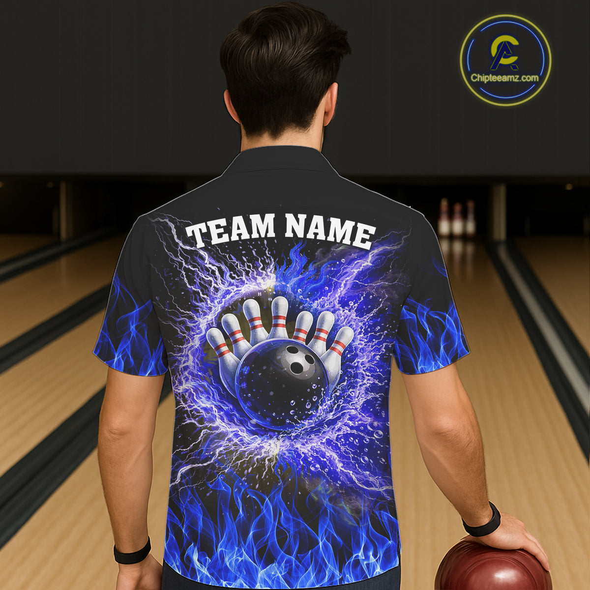 Black and Blue Flame Lightning Thunder Button-up bowling shirts custom Bowling Team League Shirts NQS11425