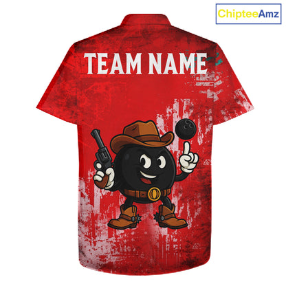 Custom Funny Cowboy Gunster Bowling Button-up Shirts, Bowling Team League Jerseys | Red NQS11625
