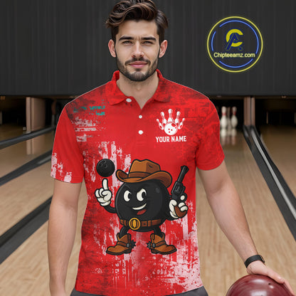 Custom Funny Cowboy Gunster Bowling Polo, 1/4 zip Shirts For Men, Bowling Team League Jerseys | Red NQS11625