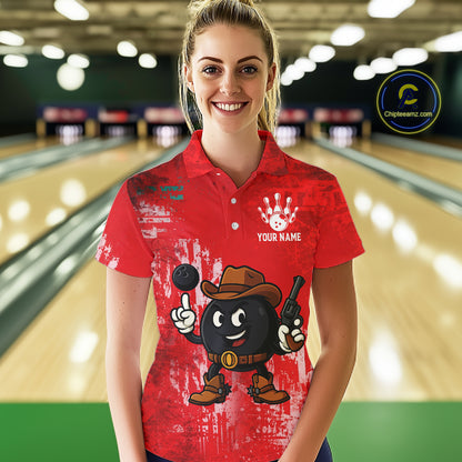 Custom Funny Cowboy Gunster Bowling Polo, 1/4 zip Shirts For Women, Bowling Team League Jerseys | Red NQS11625