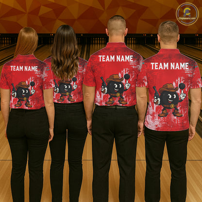 Custom Funny Cowboy Gunster Bowling Polo, 1/4 zip Shirts For Women, Bowling Team League Jerseys | Red NQS11625