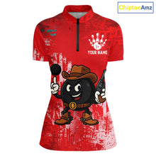 Load image into Gallery viewer, Custom Funny Cowboy Gunster Bowling Polo, 1/4 zip Shirts For Women, Bowling Team League Jerseys | Red NQS11625