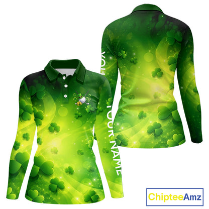 Green clover pattern St Patrick's Day Womens Golf Polo Shirts Custom Shamrock Golf outfit For Ladies NQS11628