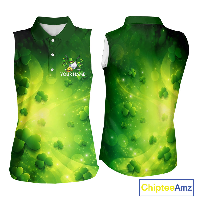 Green clover pattern St Patrick's Day Ladies Sleeveless Golf Polo Shirts Custom Shamrock Golf outfit NQS11628