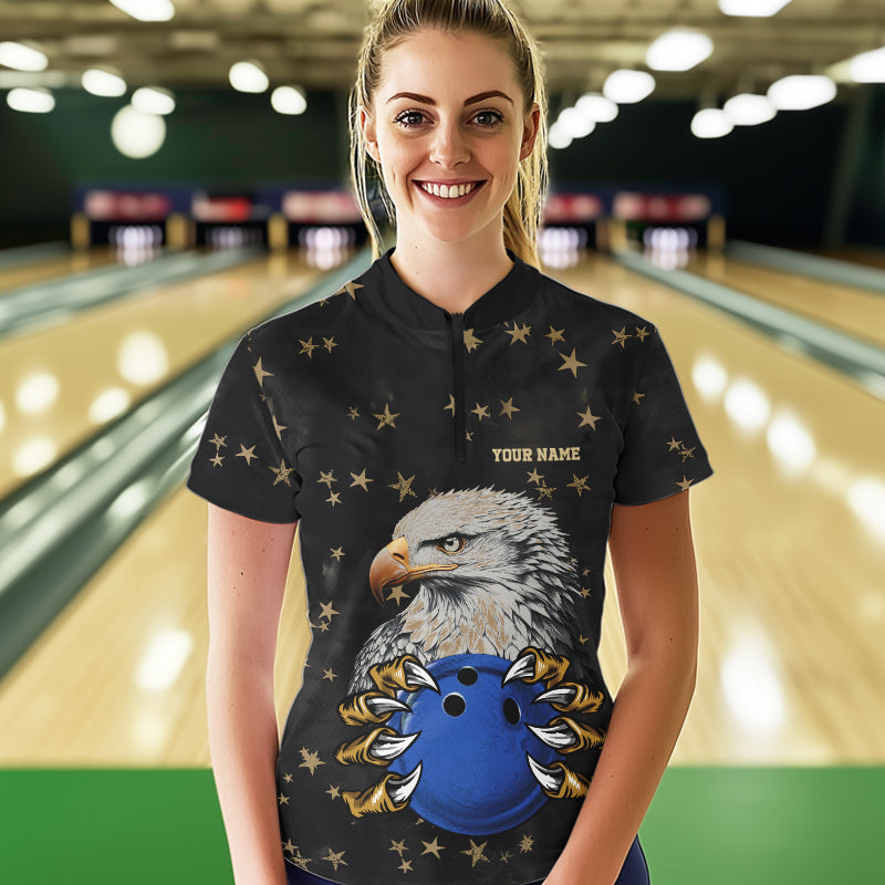 Black and Yellow Stars pattern Eagle Bowling Shirts For Women Custom Name Eagle Bowling Team Jersey NQS9661