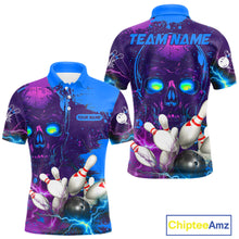 Load image into Gallery viewer, Purple and Blue Lightning Thunder Storm Skull Bowling Shirts For Men Custom Bowling Team Jerseys NQS11729