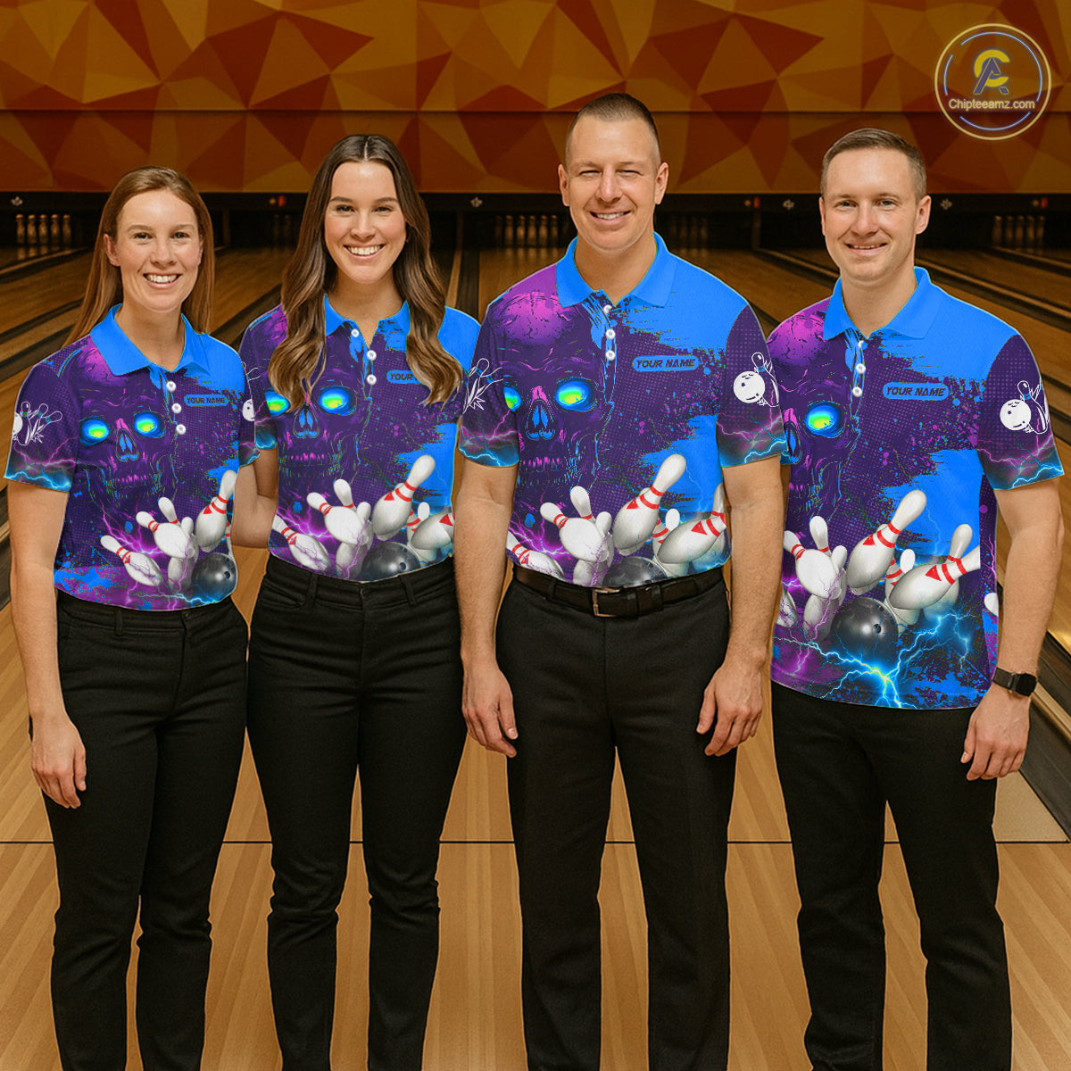 Purple and Blue Lightning Thunder Storm Skull Bowling Shirts For Men Custom Bowling Team Jerseys NQS11729