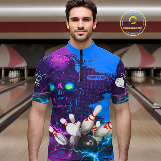 Purple and Blue Lightning Thunder Storm Skull Bowling Shirts For Men Custom Bowling Team Jerseys NQS11729